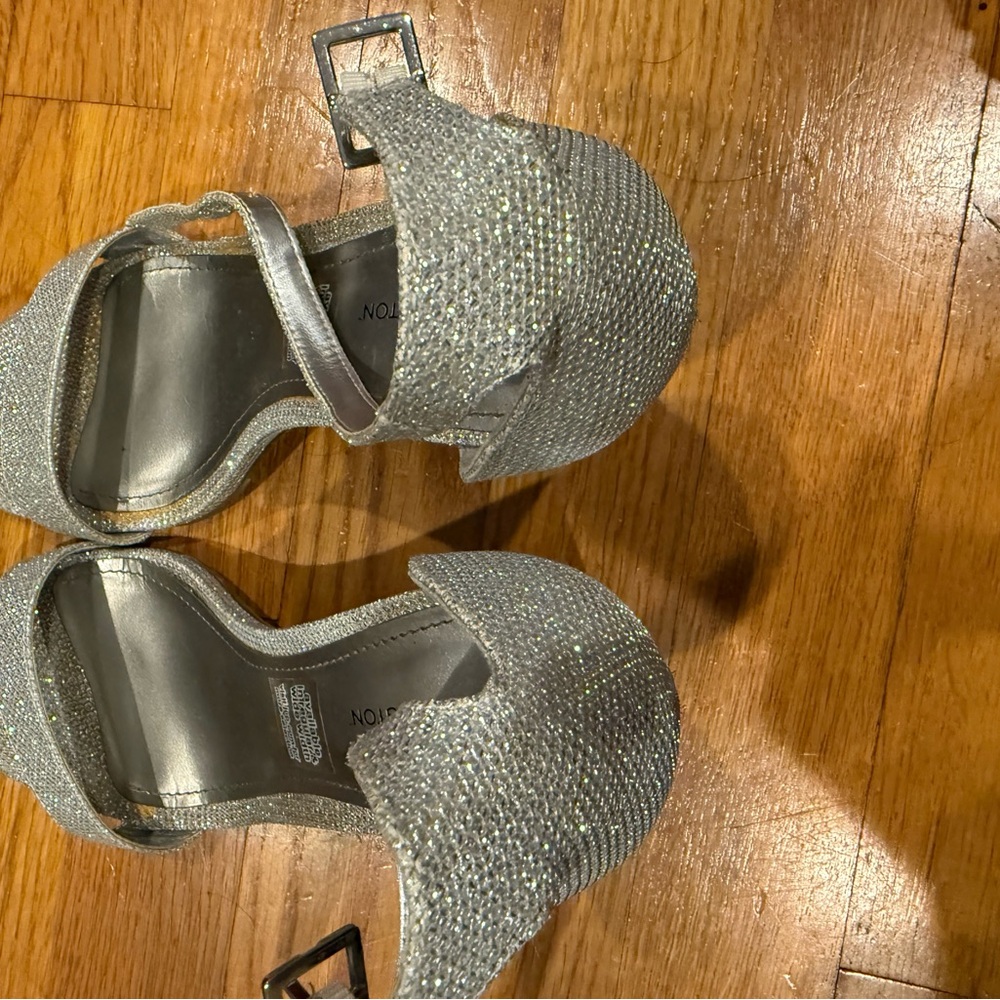 Worthington Silver Heels with Ankle Strap and Metallic Sheen